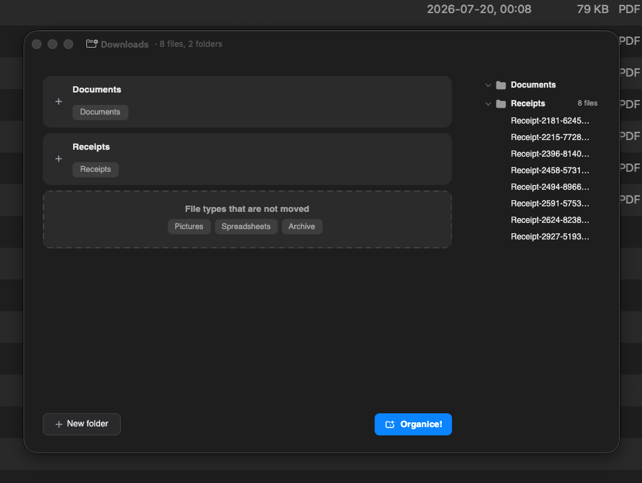 Organice showing local folder rules for Documents and Receipts before organizing the selected files
