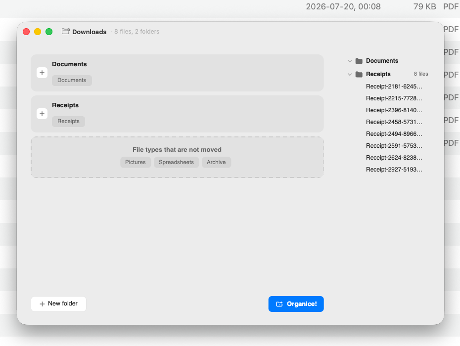 Organice showing local folder rules for Documents and Receipts before organizing the selected files