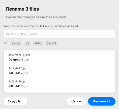 Organice previewing new names for three files before applying the full rename