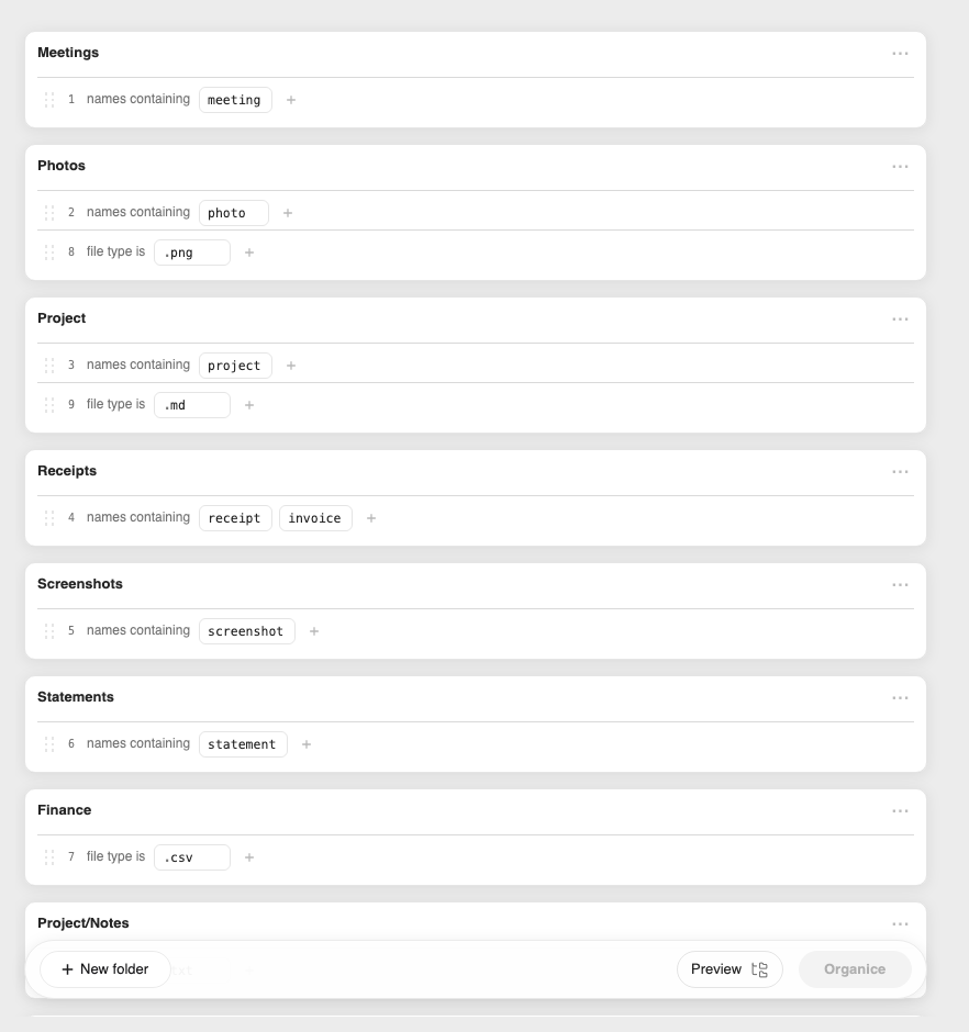 Organice showing local rules for organizing meetings, photos, projects, and receipts