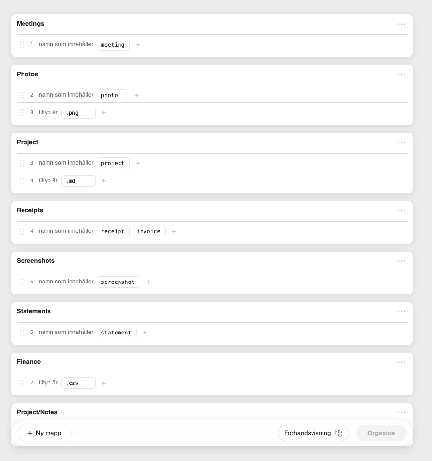 Organice visar lokala regler för hur möten, bilder, projekt och kvitton ska organiseras