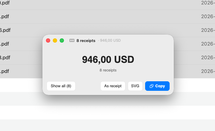Organice showing a verified total of 946 US dollars across eight selected receipts