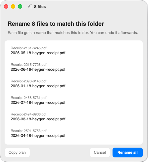 Organice previewing consistent new names for eight receipt files before applying the rename