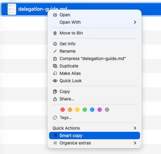 Smart Copy selected from the Finder context menu for a Markdown file